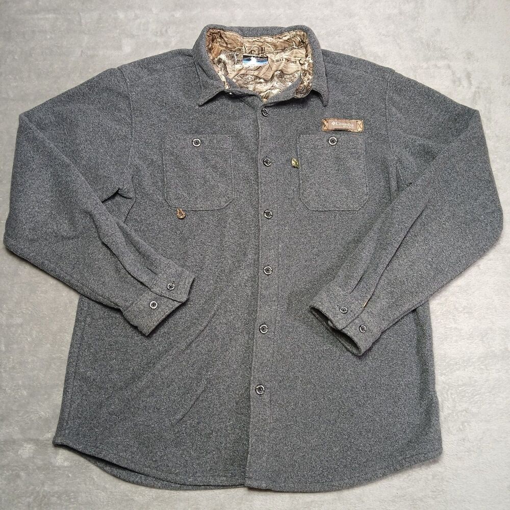 Columbia PHG Bucktail Mens Large L Gray Camo Fleece Hunting Button Up Gorpcore